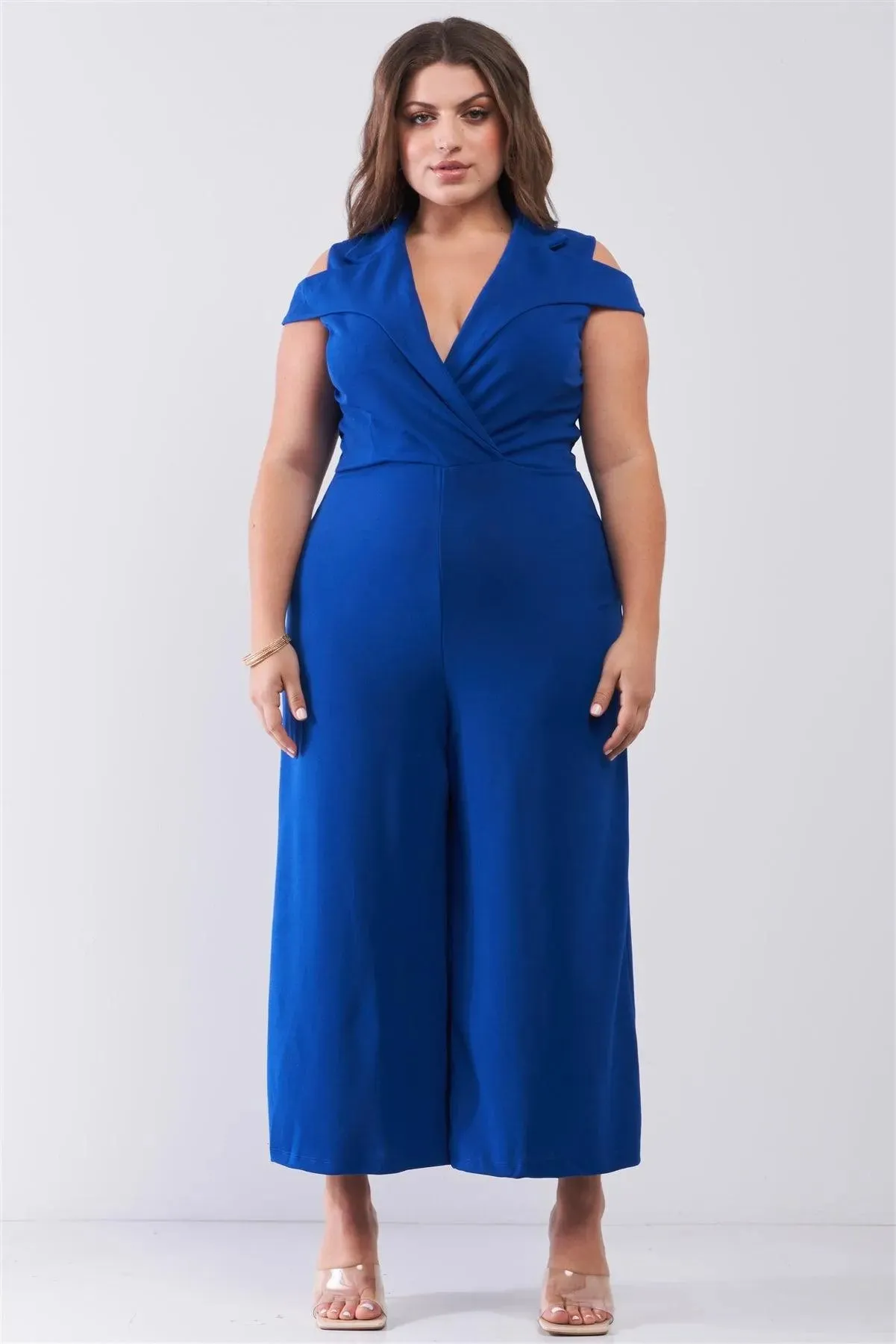 Junior Plus Royal Blue Sleeveless Collared Plunging V-Neck Wide Leg Jumpsuit