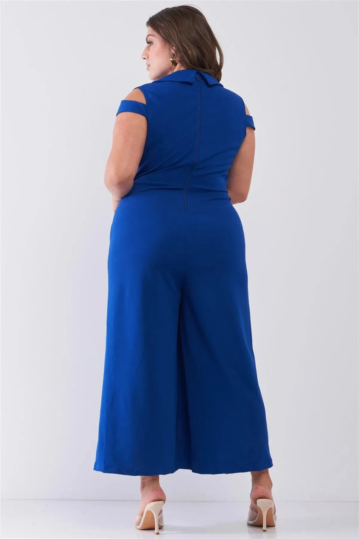 Junior Plus Royal Blue Sleeveless Collared Plunging V-Neck Wide Leg Jumpsuit