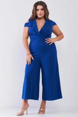 Junior Plus Royal Blue Sleeveless Collared Plunging V-Neck Wide Leg Jumpsuit