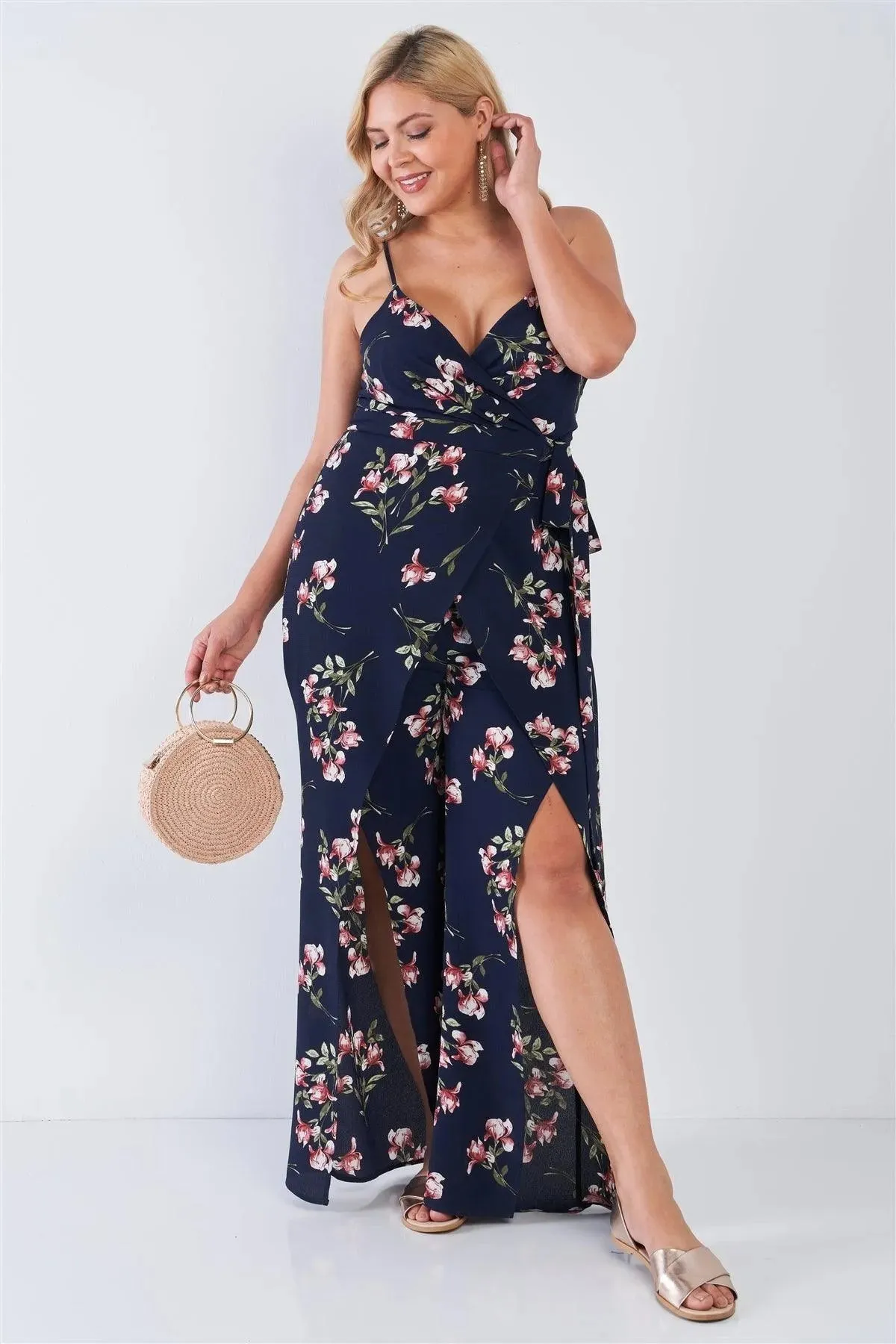 Junior Plus Size Navy Floral Print V-Neck Mock Wrap Wide Leg Slit Jumpsuit /2-2-2