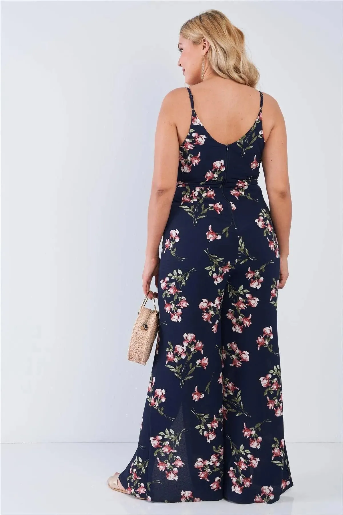 Junior Plus Size Navy Floral Print V-Neck Mock Wrap Wide Leg Slit Jumpsuit /2-2-2