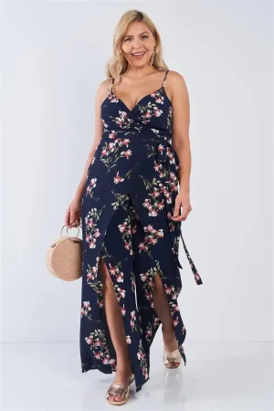 Junior Plus Size Navy Floral Print V-Neck Mock Wrap Wide Leg Slit Jumpsuit /2-2-2