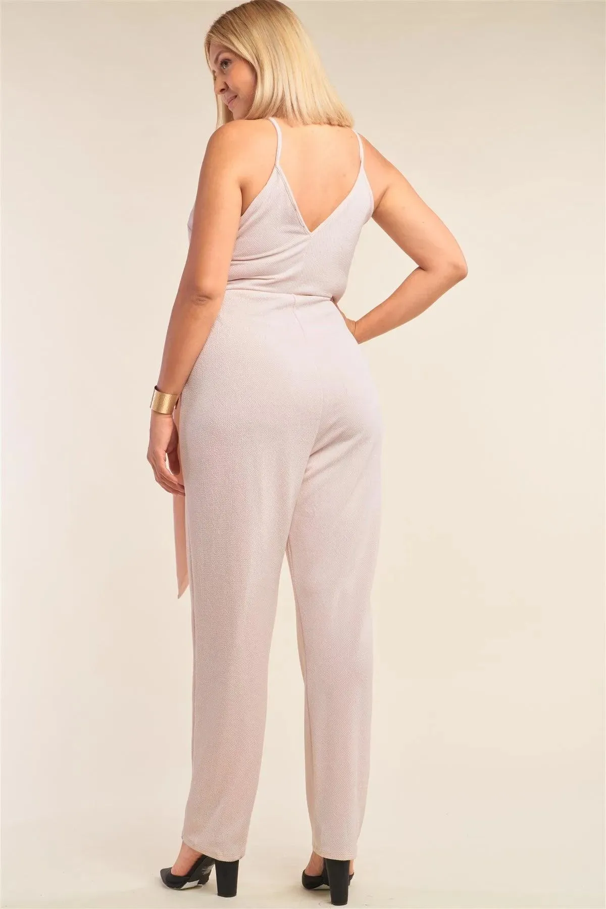 Junior Plus Size Stone Blush Pink Sleeveless Self-Tie Wrap Detail Deep Plunge V-Neck Jumpsuit /2-2-2