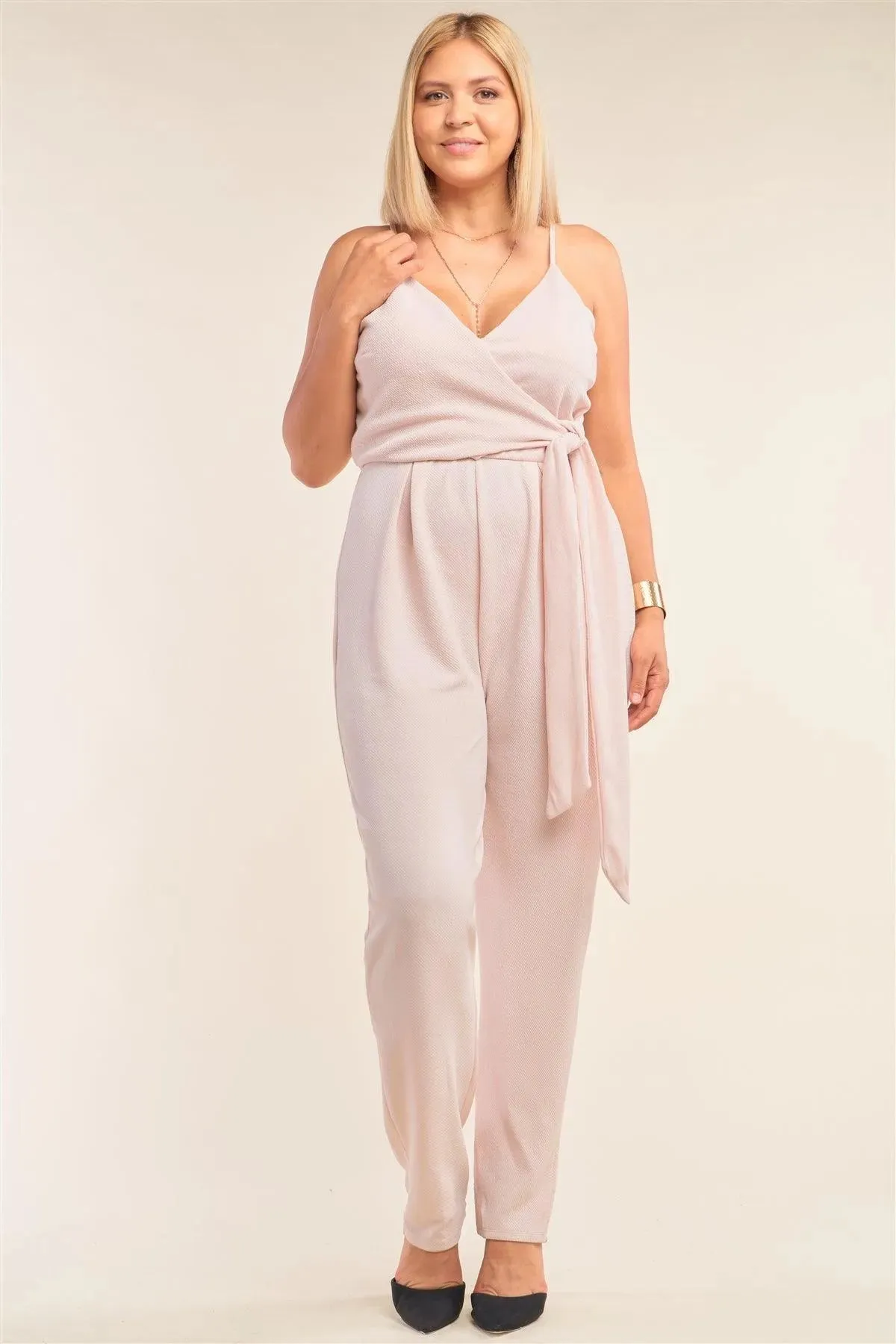 Junior Plus Size Stone Blush Pink Sleeveless Self-Tie Wrap Detail Deep Plunge V-Neck Jumpsuit /2-2-2