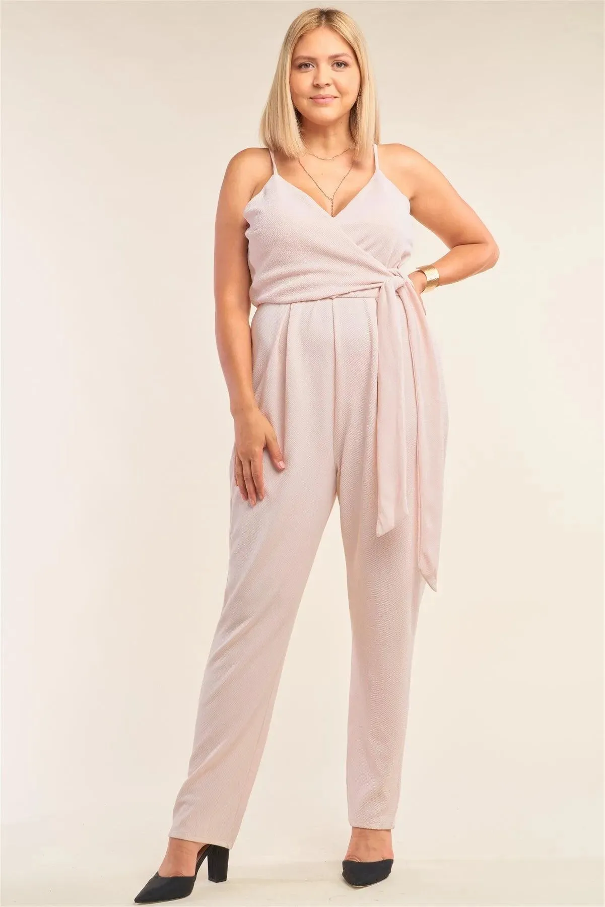 Junior Plus Size Stone Blush Pink Sleeveless Self-Tie Wrap Detail Deep Plunge V-Neck Jumpsuit /2-2-2