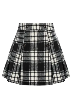 KK Women Pleated Skirt Elastic Waist Mid-Thigh Length Plaided A-Line Skirt