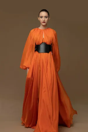 Long-Sleeved Pleated Flared A-line Dress