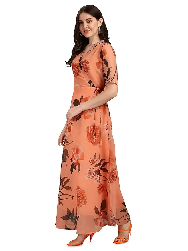 Orange Georgette Floral Print Dress