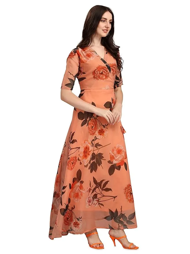 Orange Georgette Floral Print Dress