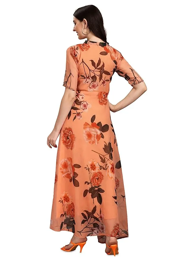 Orange Georgette Floral Print Dress