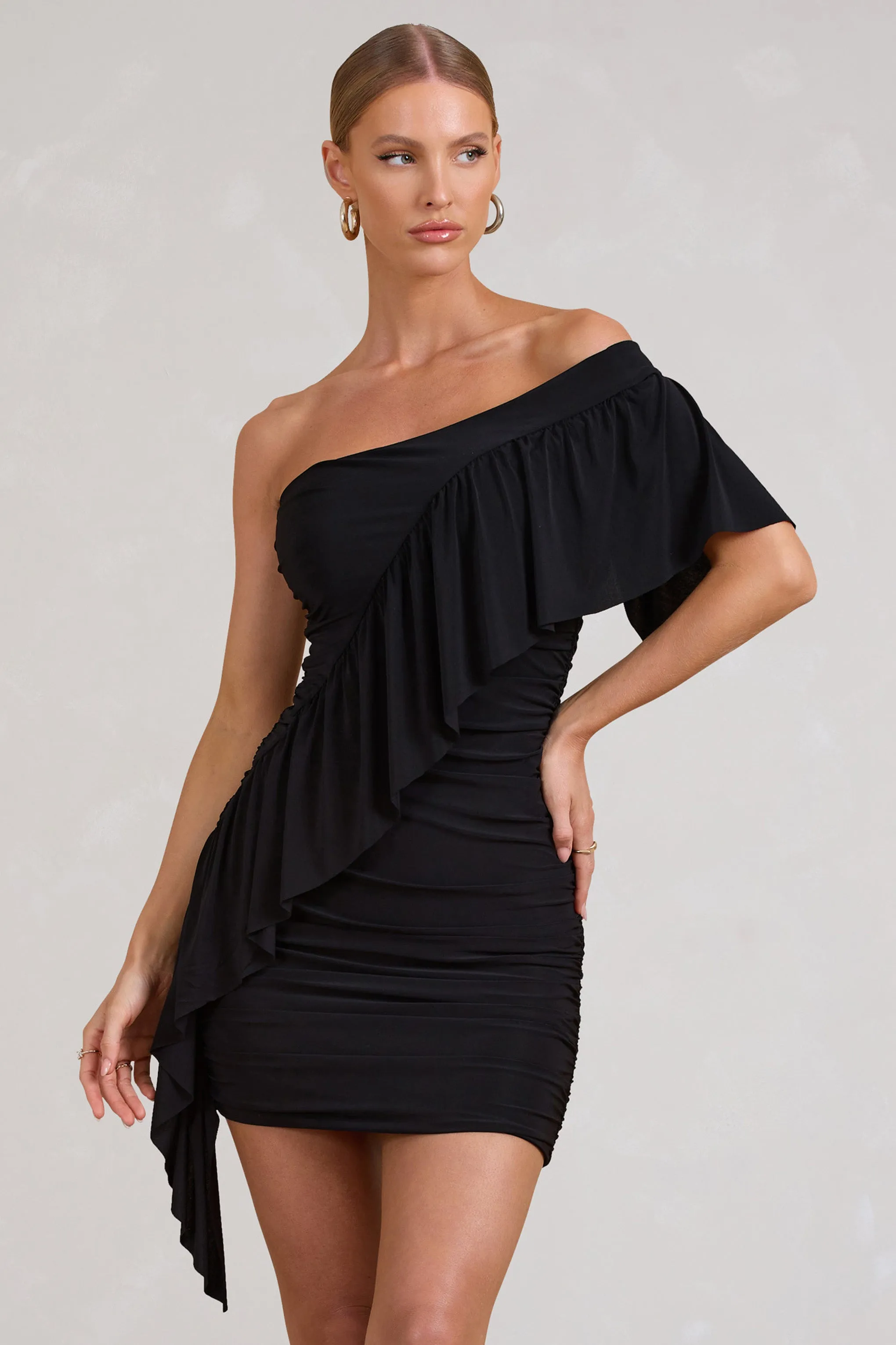 Parfait | Black Floral Asymmetric Ruched Mini Dress With Statement Ruffles