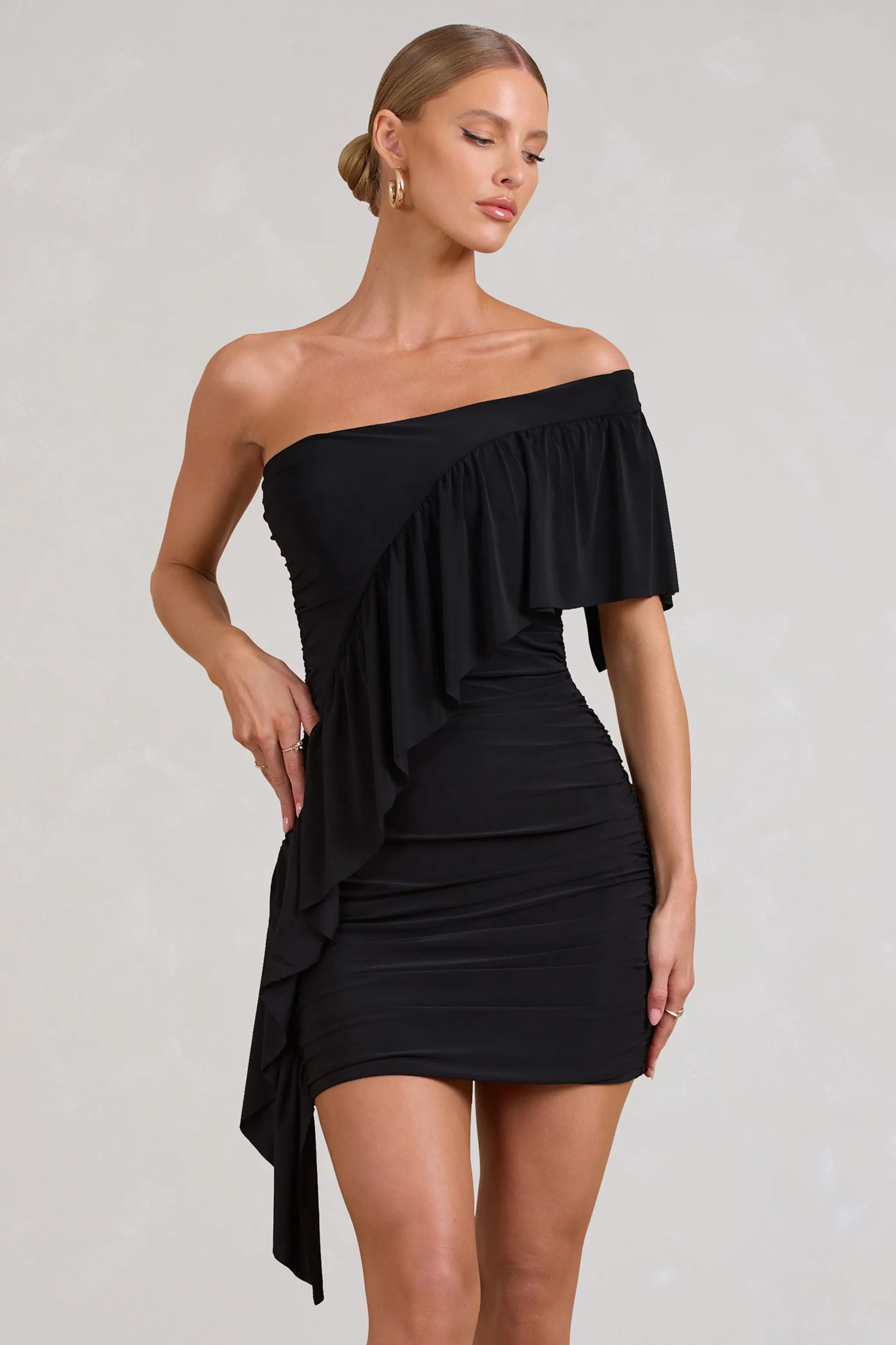 Parfait | Black Floral Asymmetric Ruched Mini Dress With Statement Ruffles