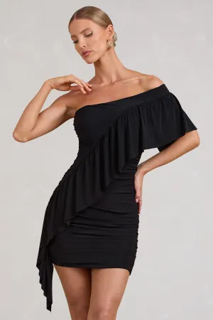 Parfait | Black Floral Asymmetric Ruched Mini Dress With Statement Ruffles
