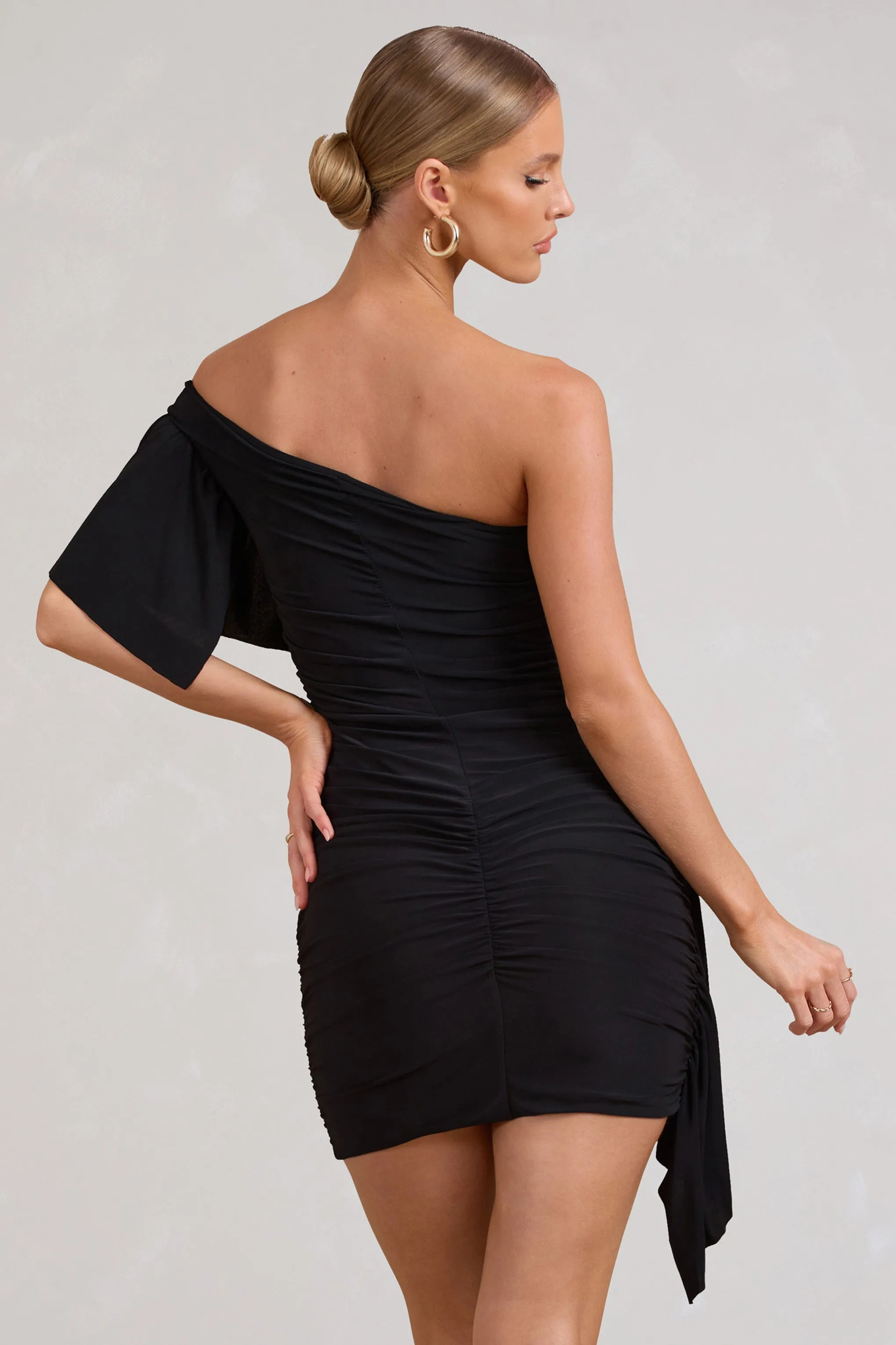 Parfait | Black Floral Asymmetric Ruched Mini Dress With Statement Ruffles