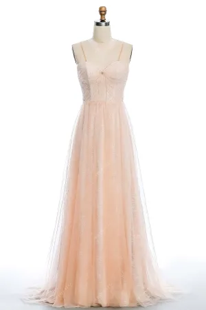 Peach Pink Beaded Straps Lace Destination Wedding Dress