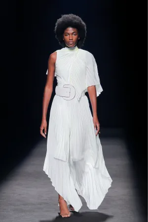 Pleated Asymmetric Midi Dress