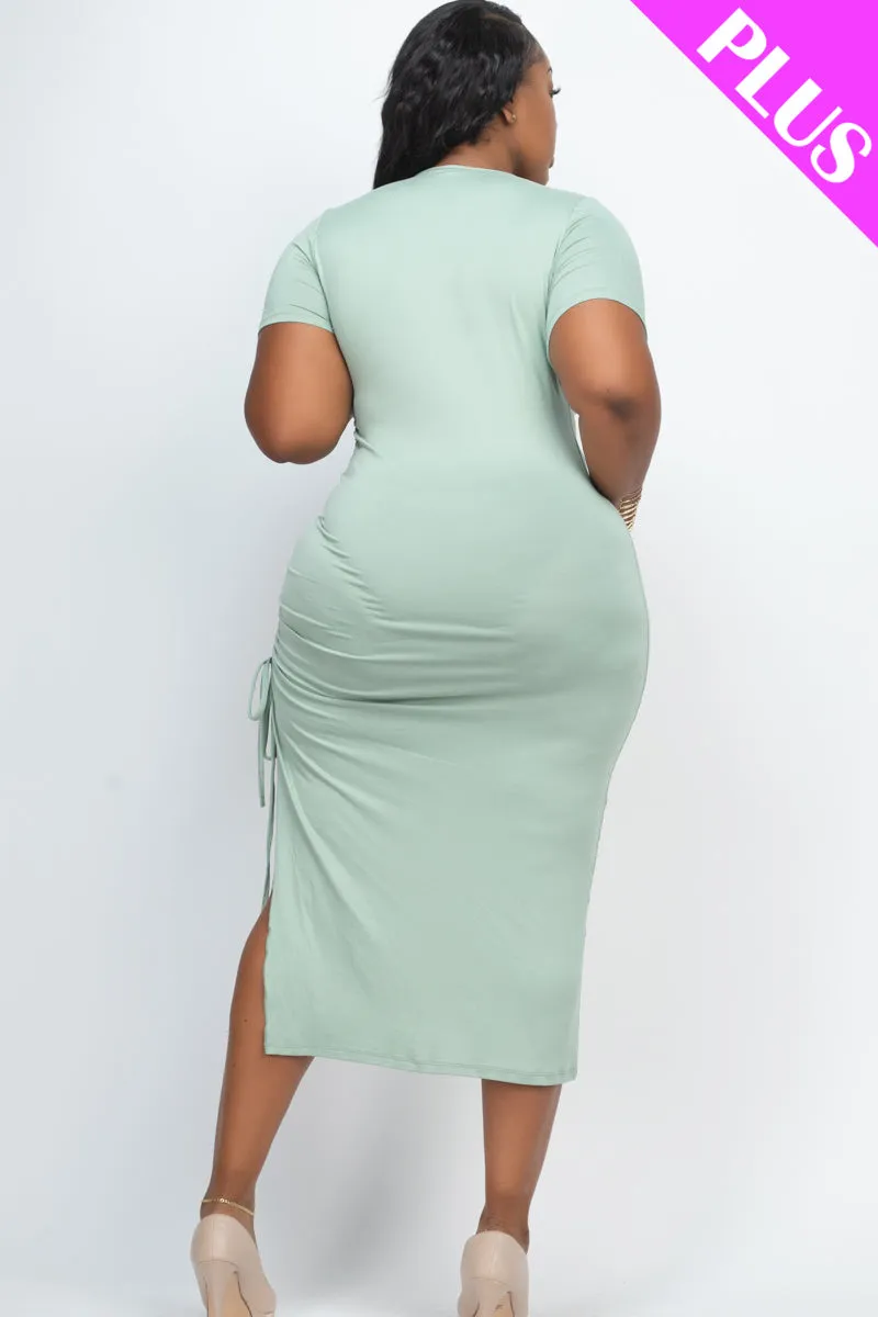 Plus Size Drawstring Ruched Side Split Hem Midi Dress