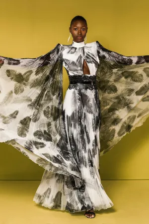 Printed A-line Dress with Cape Sleeves