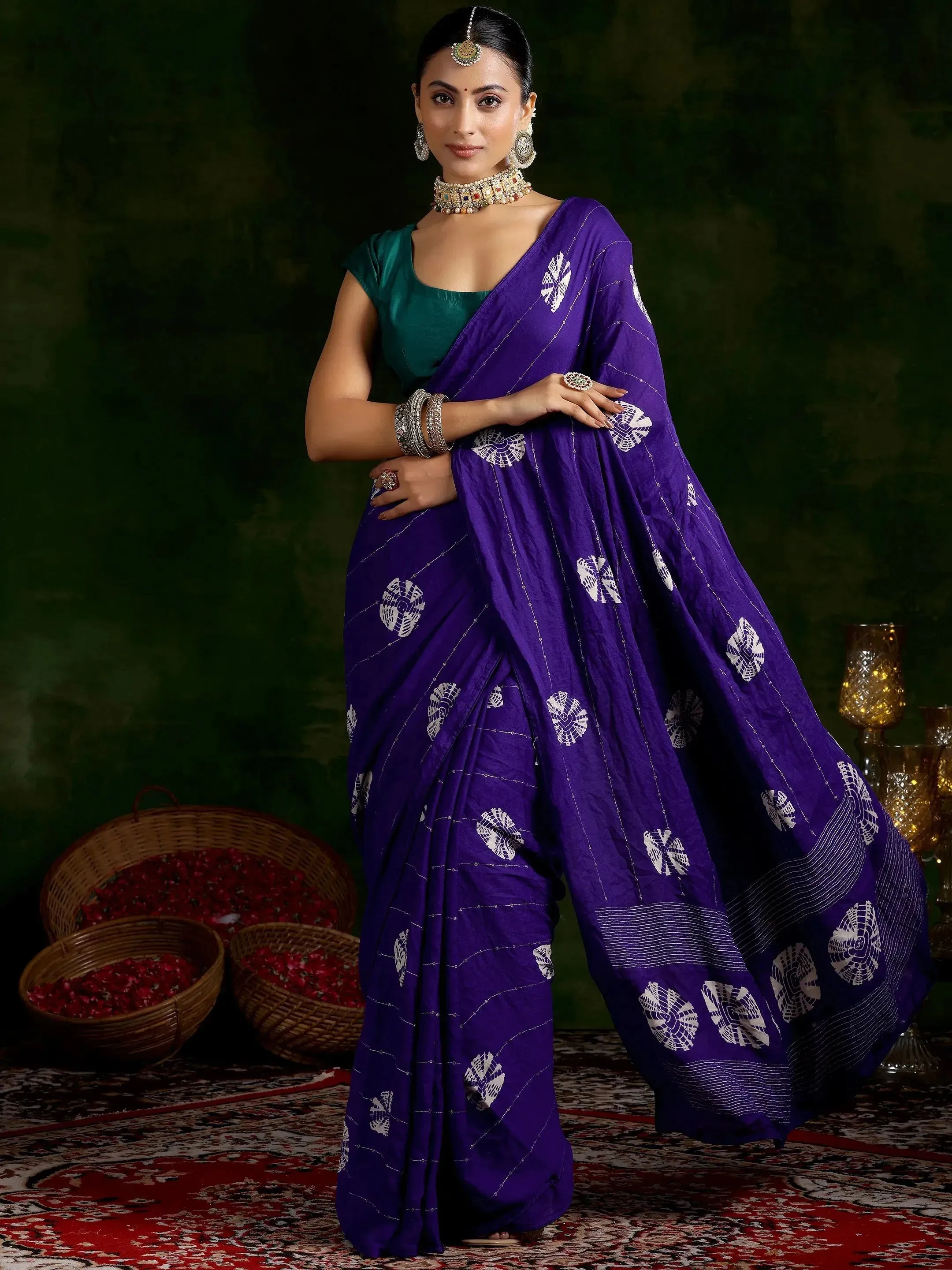 Purple Printed Poly Chiffon Saree With Unstitched Blouse Piece