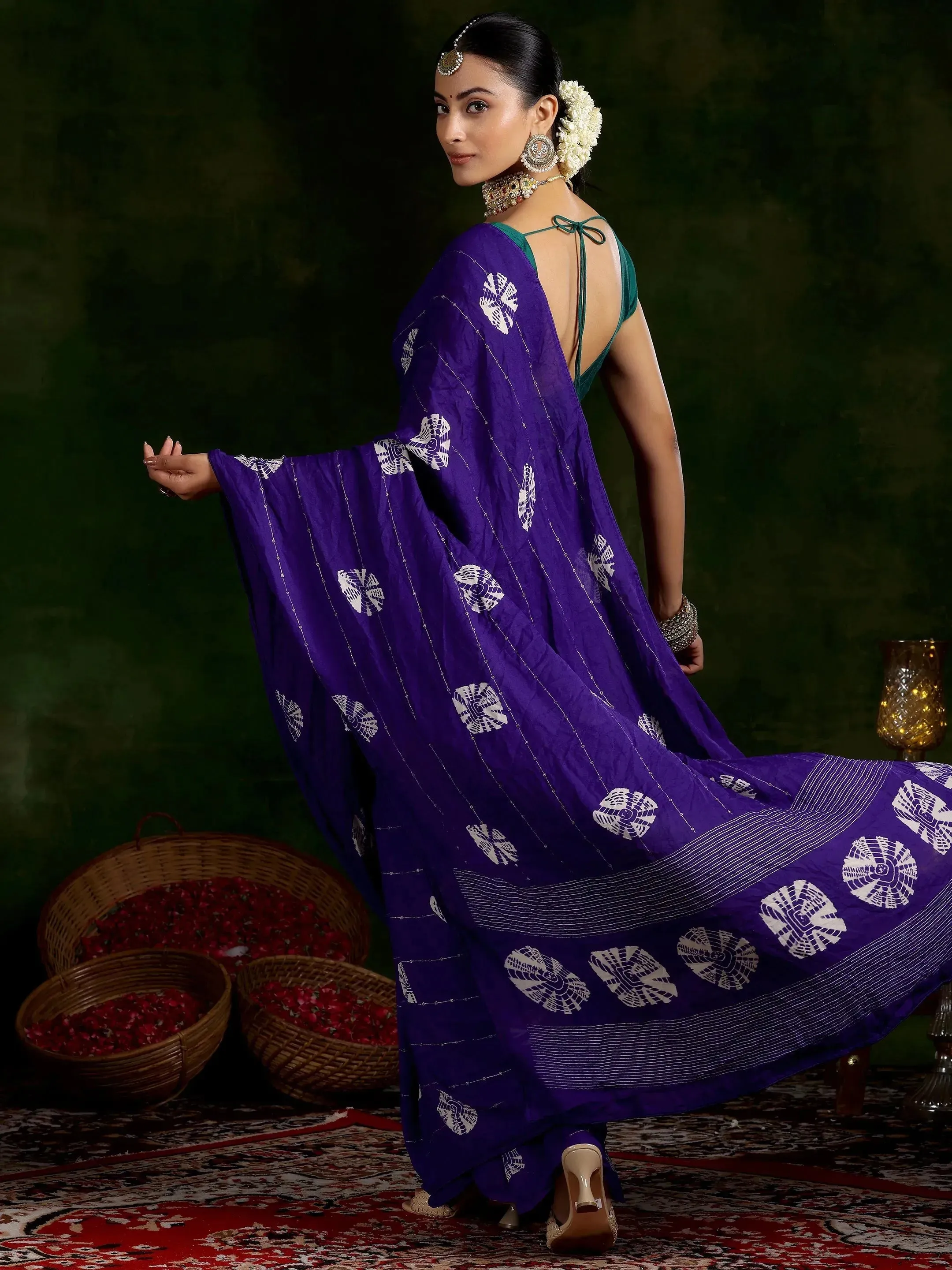 Purple Printed Poly Chiffon Saree With Unstitched Blouse Piece