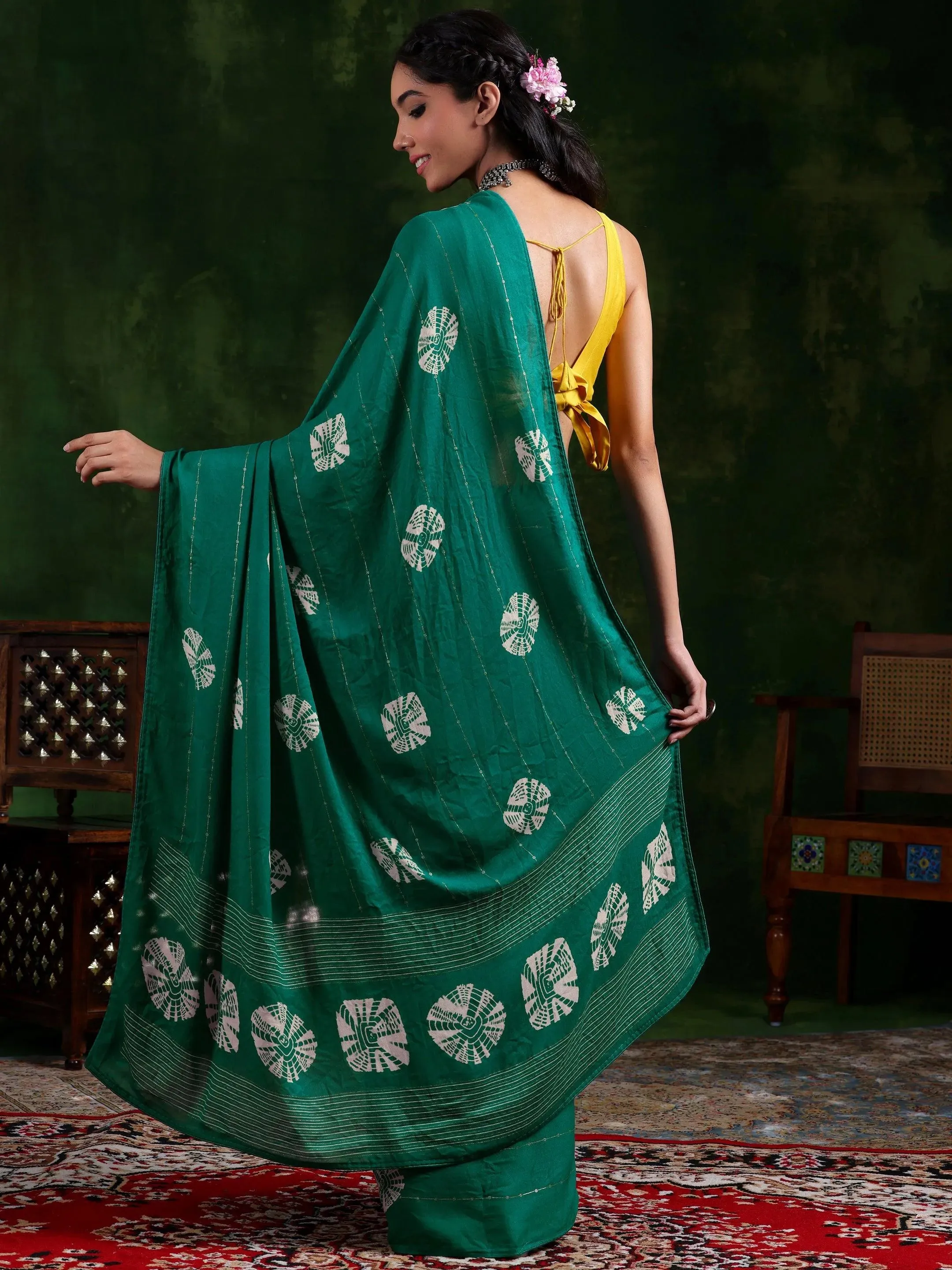 Rama Green Printed Poly Chiffon Saree With Unstitched Blouse Piece