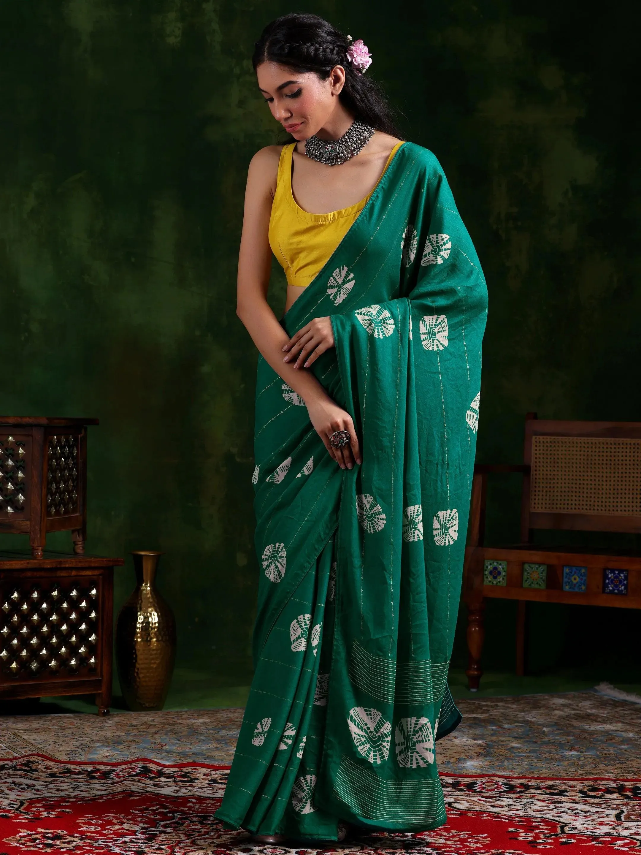 Rama Green Printed Poly Chiffon Saree With Unstitched Blouse Piece