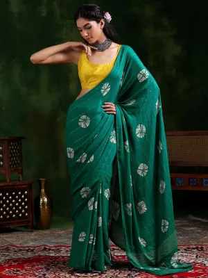 Rama Green Printed Poly Chiffon Saree With Unstitched Blouse Piece