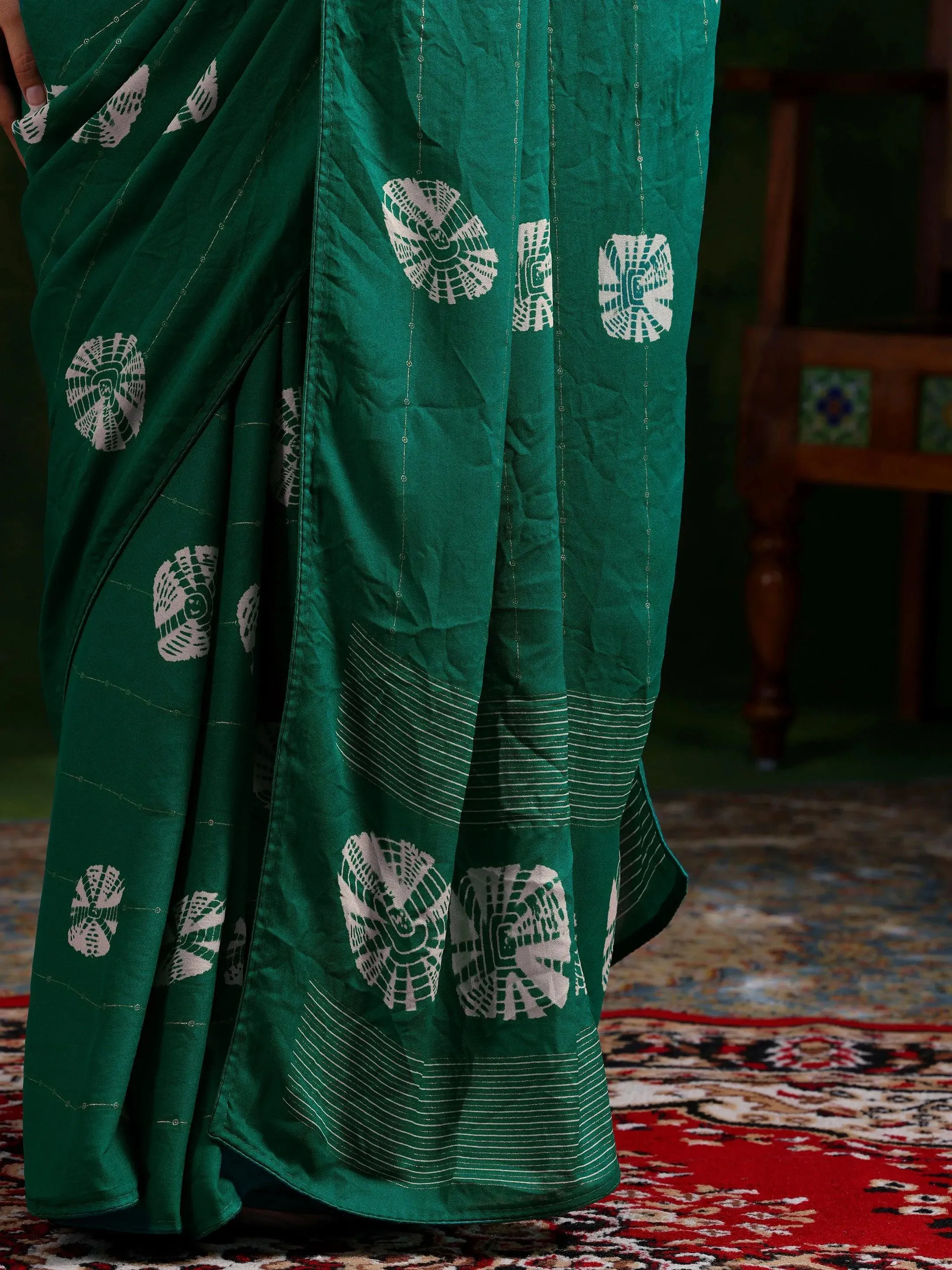 Rama Green Printed Poly Chiffon Saree With Unstitched Blouse Piece