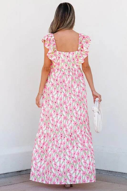 Ruffle Shoulder Floral Print Maxi Dress