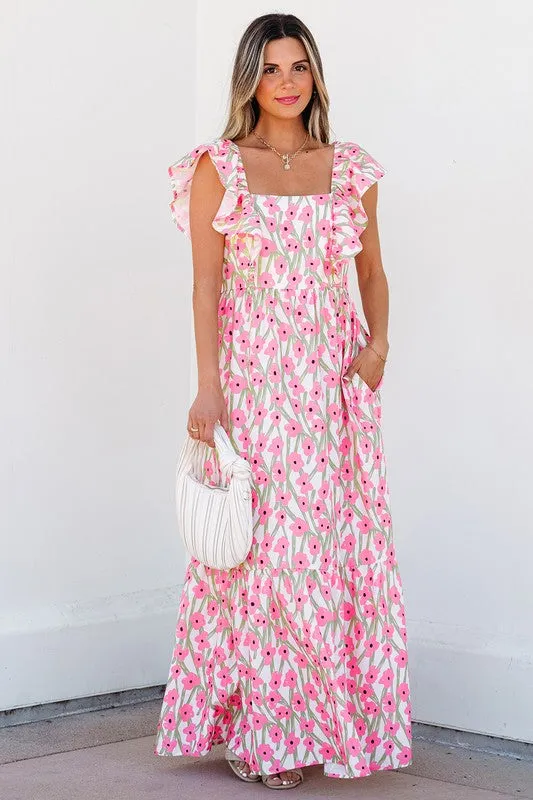 Ruffle Shoulder Floral Print Maxi Dress