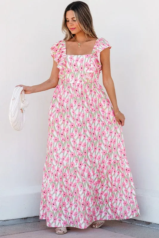 Ruffle Shoulder Floral Print Maxi Dress
