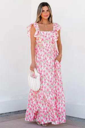 Ruffle Shoulder Floral Print Maxi Dress
