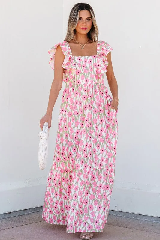 Ruffle Shoulder Floral Print Maxi Dress