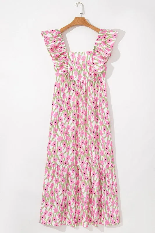 Ruffle Shoulder Floral Print Maxi Dress