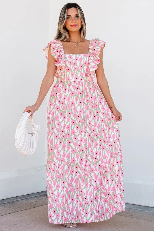 Ruffle Shoulder Floral Print Maxi Dress