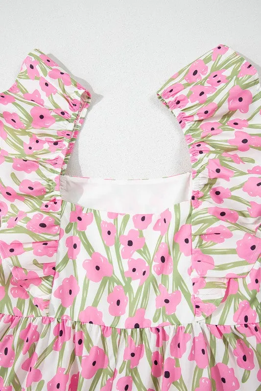 Ruffle Shoulder Floral Print Maxi Dress