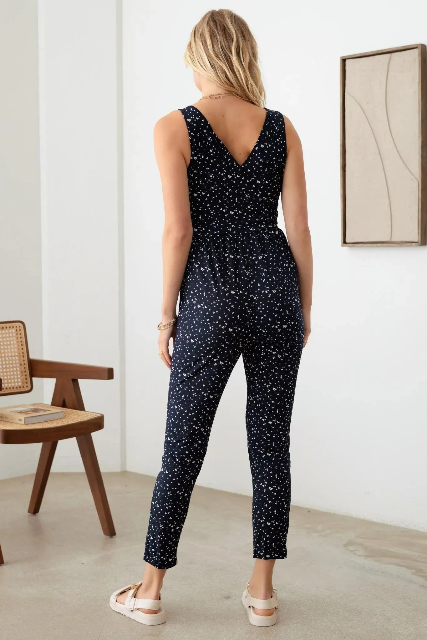 Sleeveless Faux Wrap Abstract Print Jumpsuit