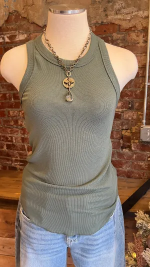 Sleeveless Fitted Ribbed Tank in Green
