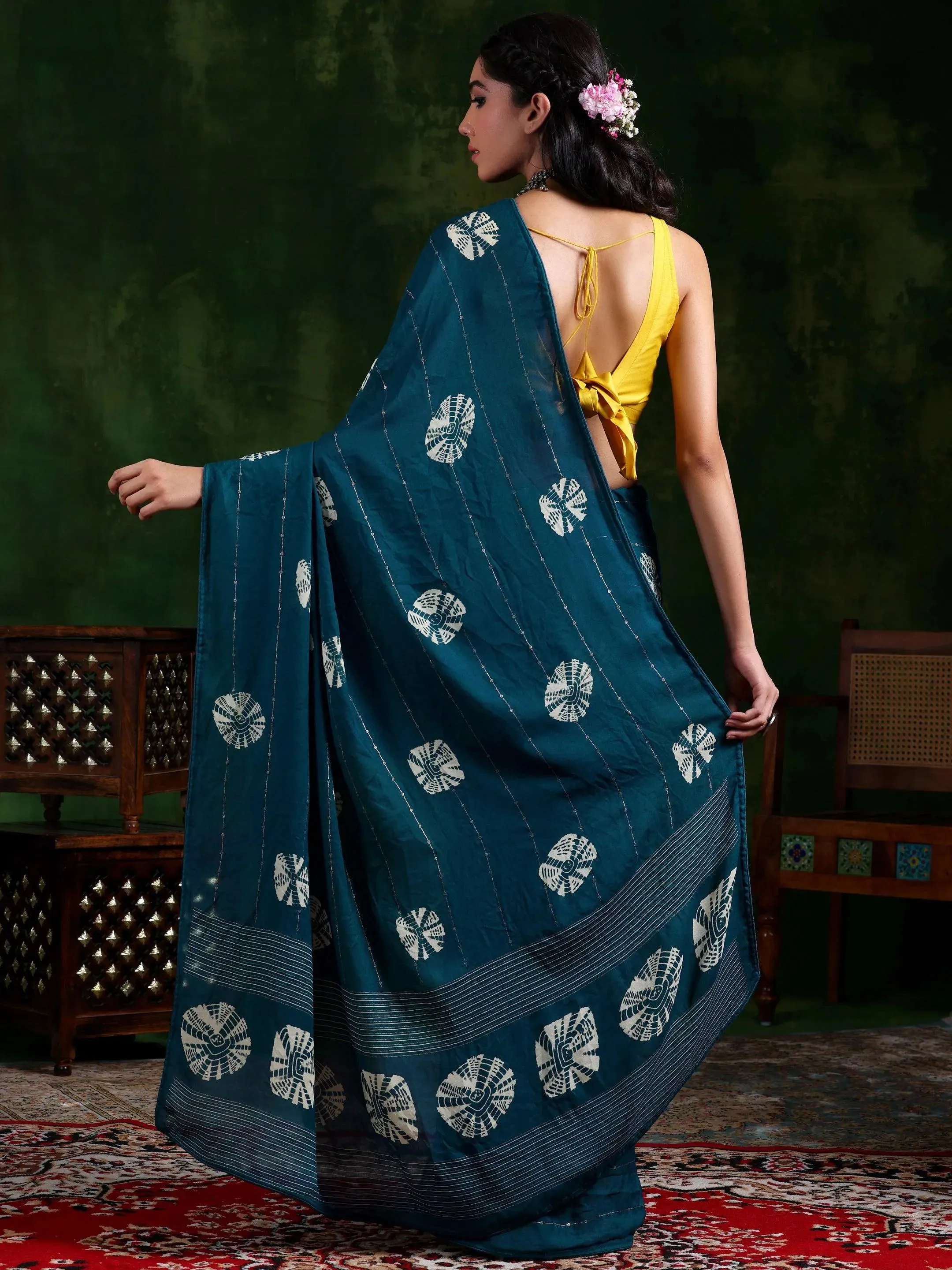 Teal Printed Poly Chiffon Saree With Unstitched Blouse Piece
