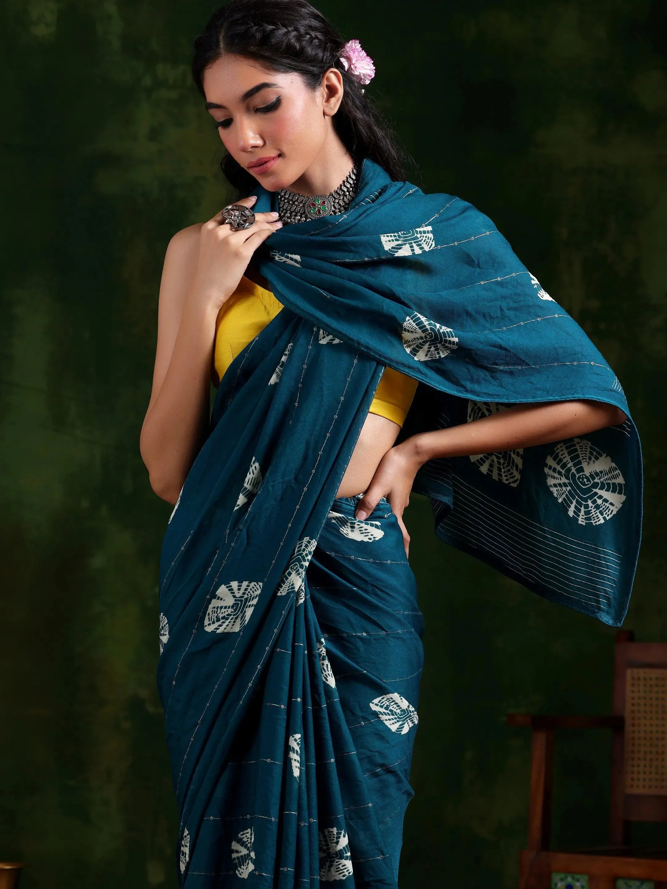 Teal Printed Poly Chiffon Saree With Unstitched Blouse Piece