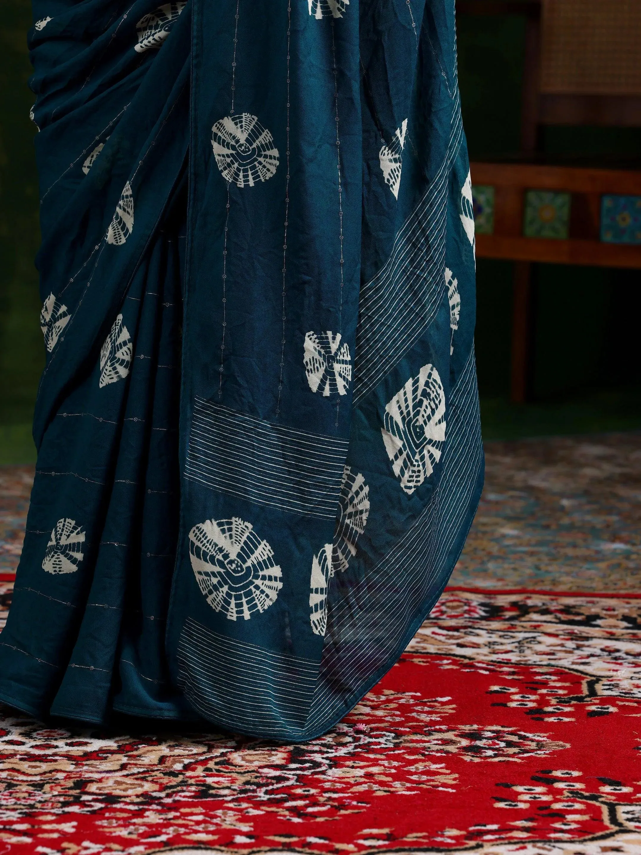 Teal Printed Poly Chiffon Saree With Unstitched Blouse Piece