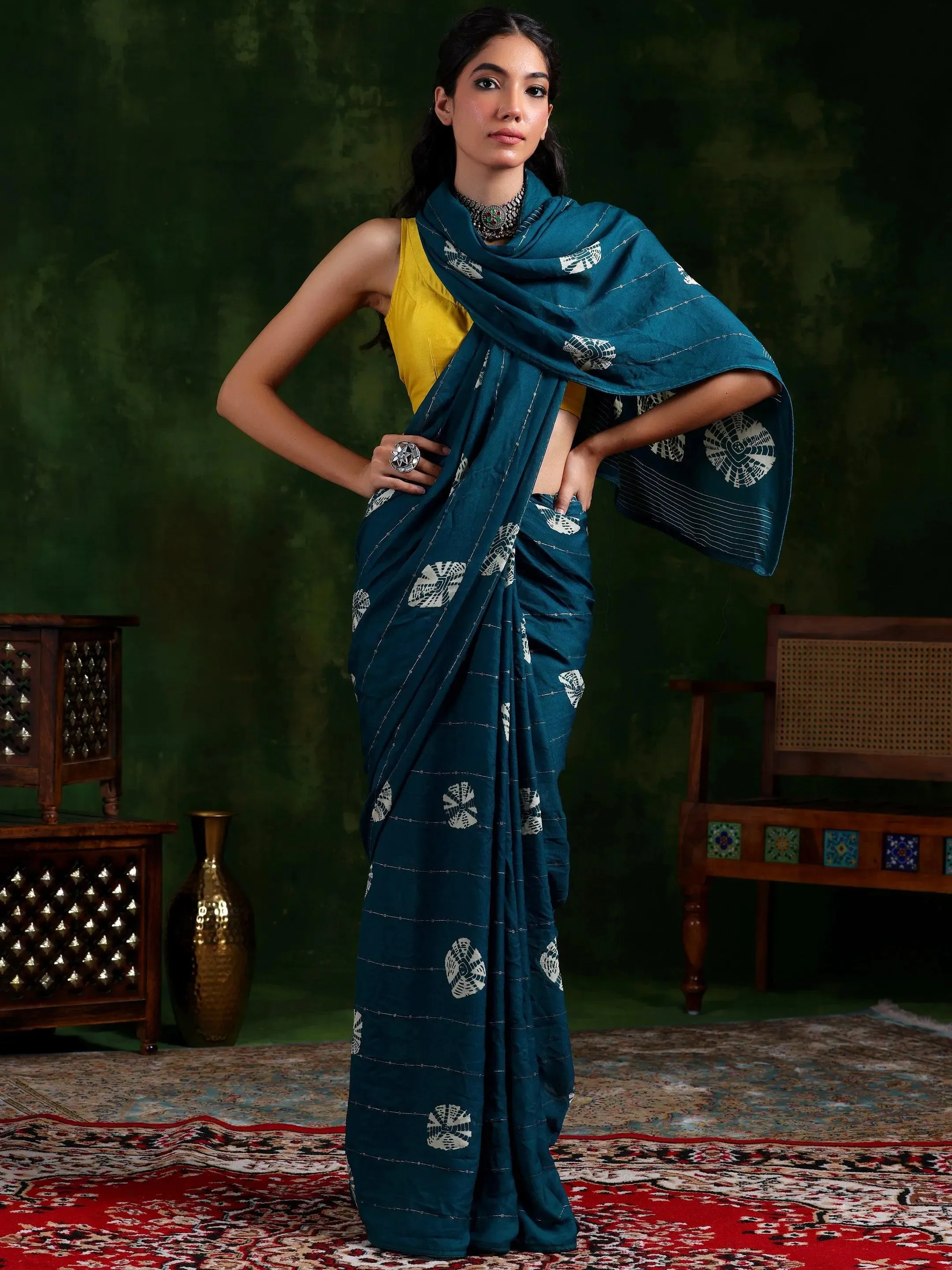 Teal Printed Poly Chiffon Saree With Unstitched Blouse Piece