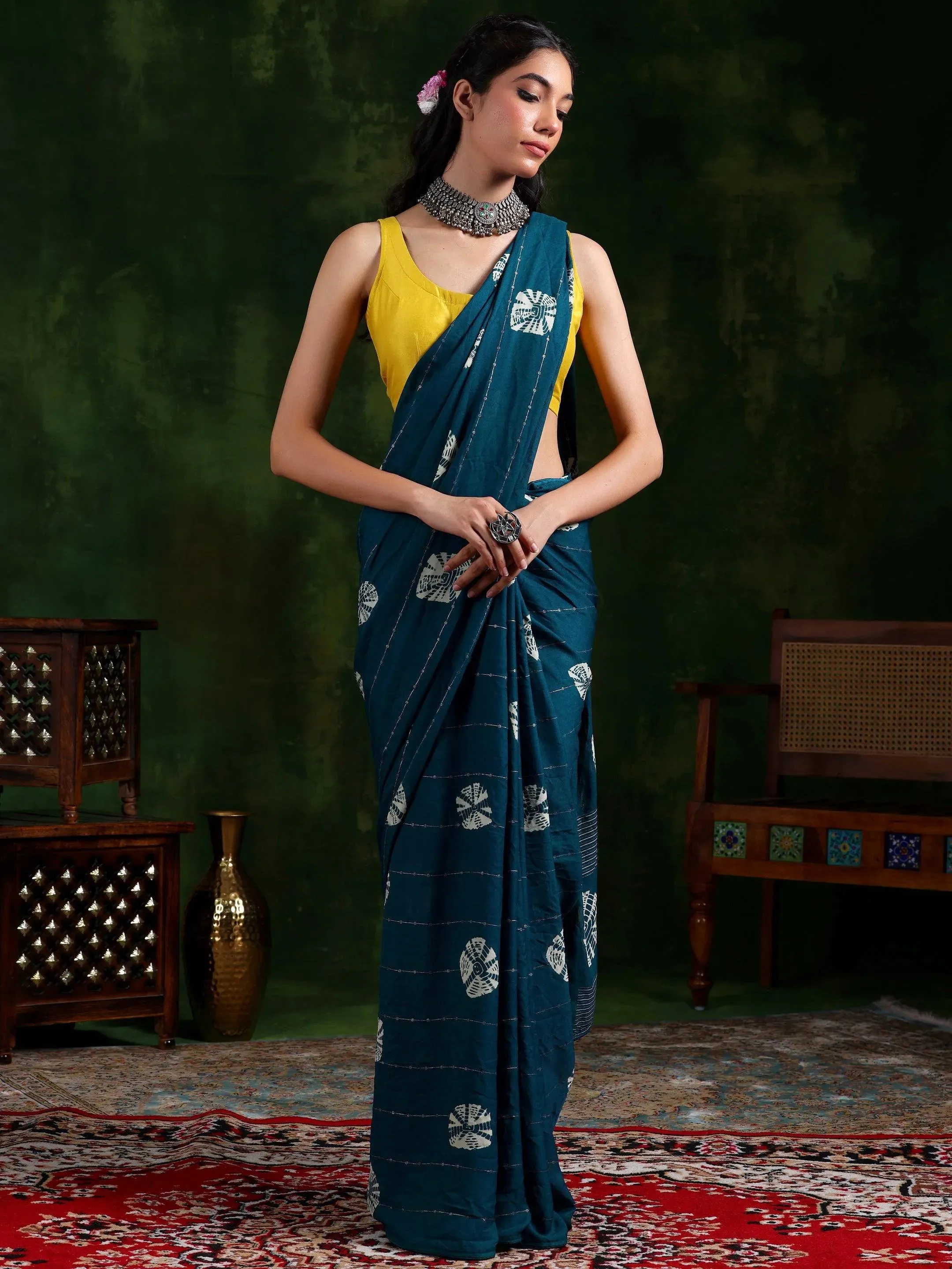 Teal Printed Poly Chiffon Saree With Unstitched Blouse Piece