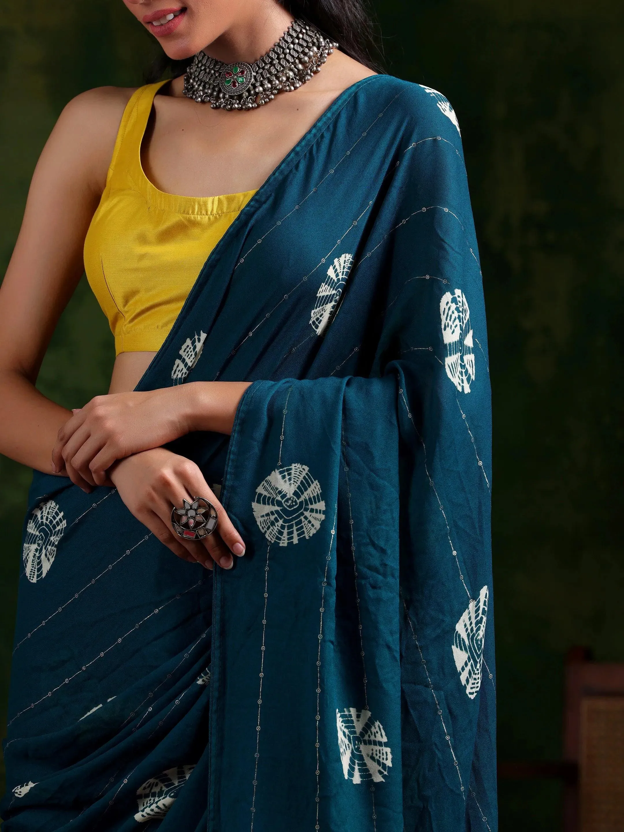 Teal Printed Poly Chiffon Saree With Unstitched Blouse Piece