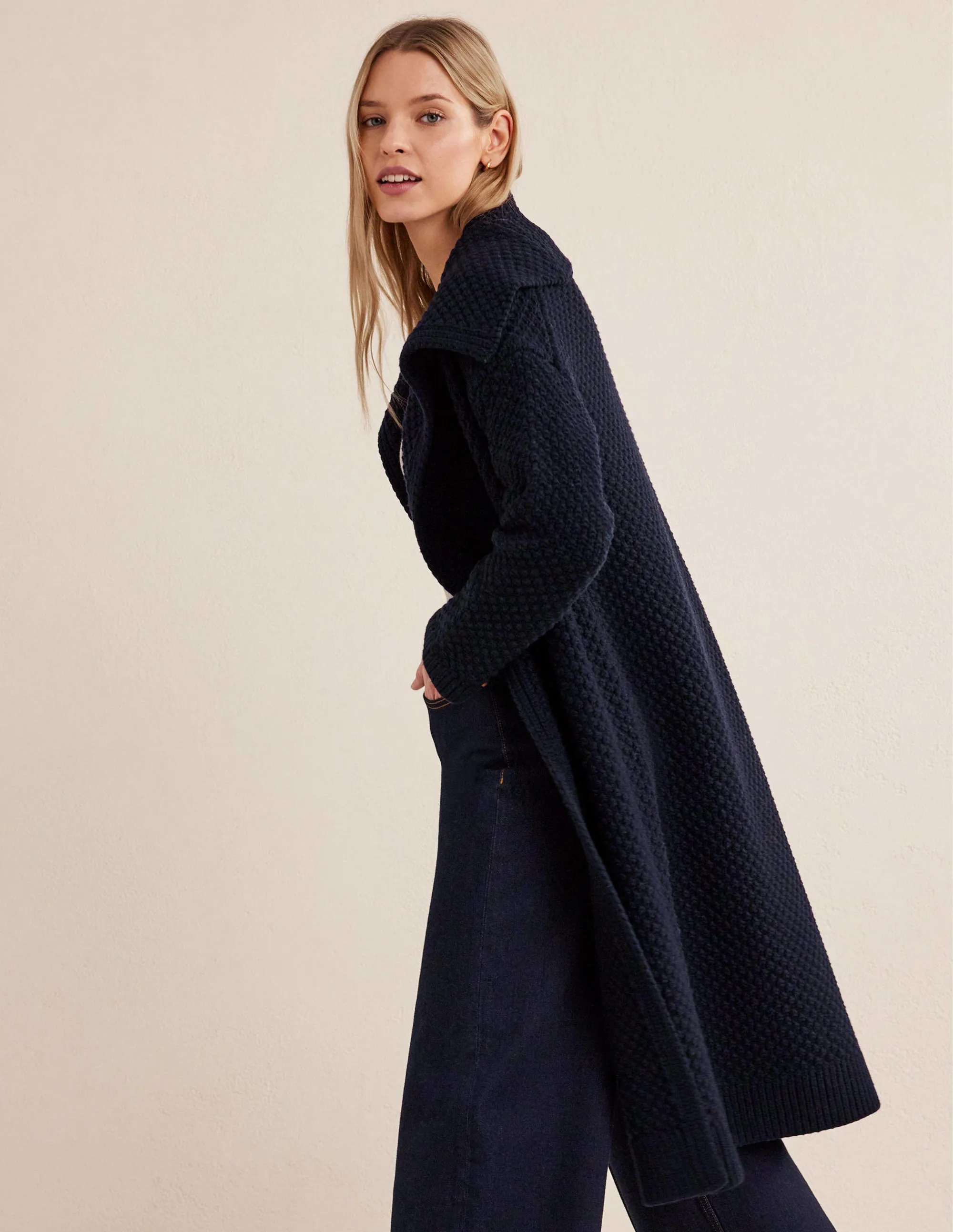 Textured Chunky Wool Coatigan-Navy