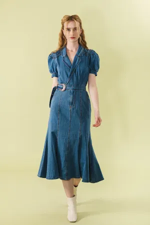 Vaunditte Denim Belted Halter Neck with Lapel Maxi Dress