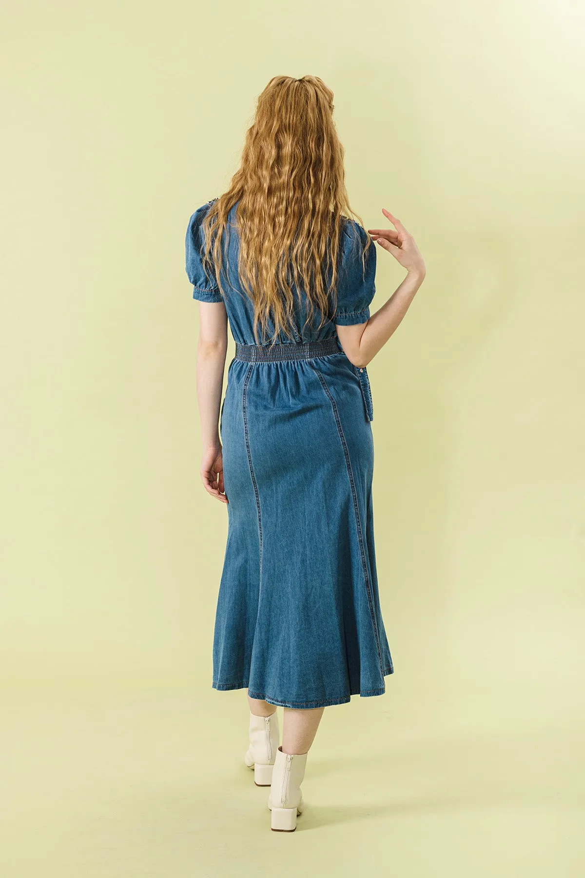 Vaunditte Denim Belted Halter Neck with Lapel Maxi Dress