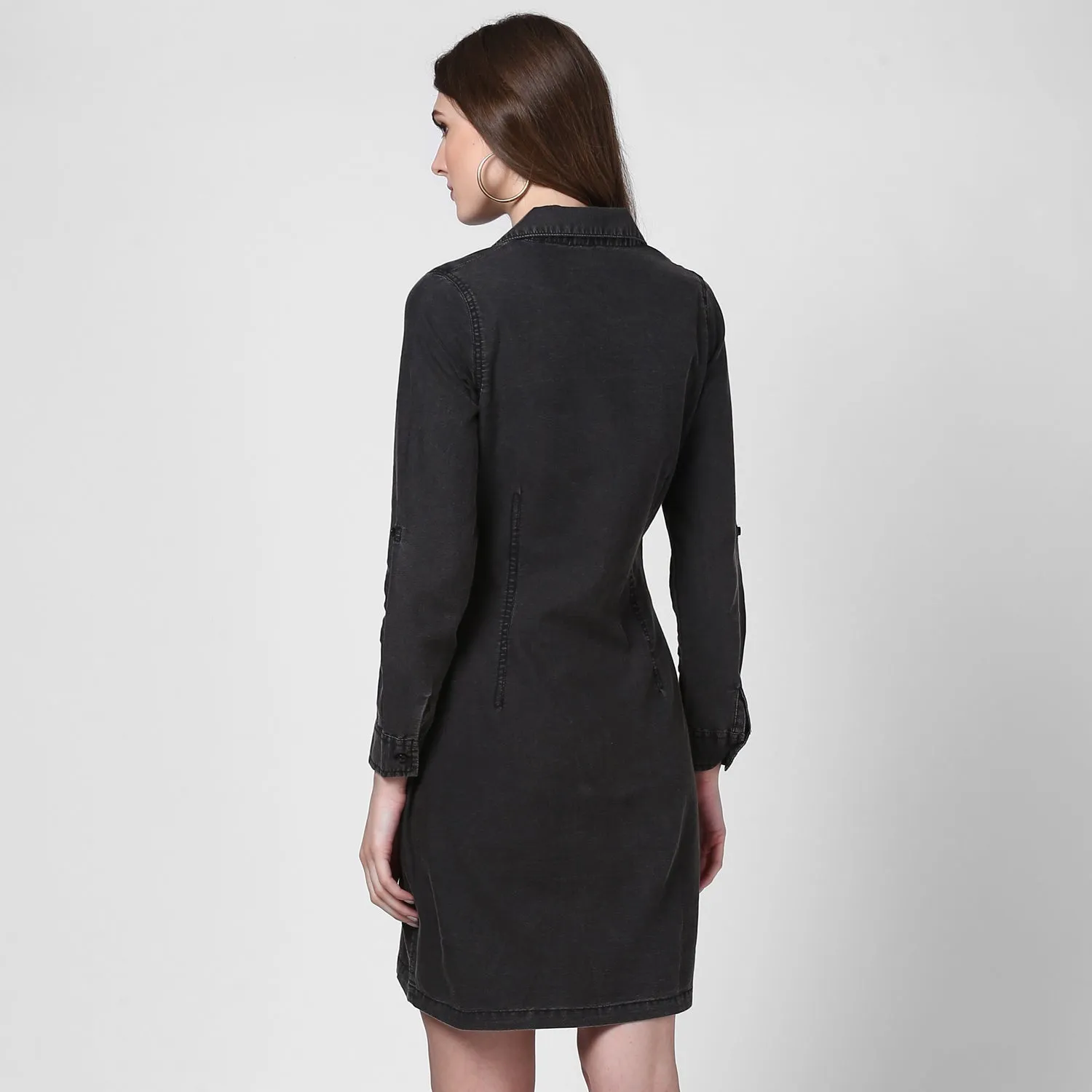 Women's Black Denim Lapel Style Shirt Dress - StyleStone