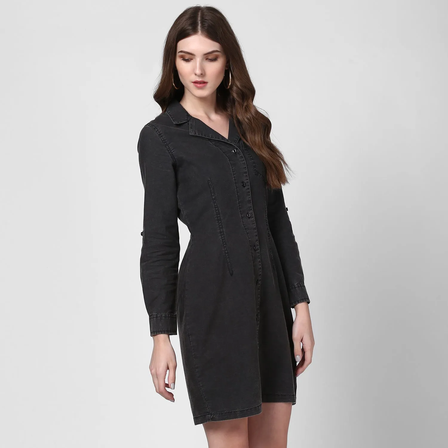 Women's Black Denim Lapel Style Shirt Dress - StyleStone