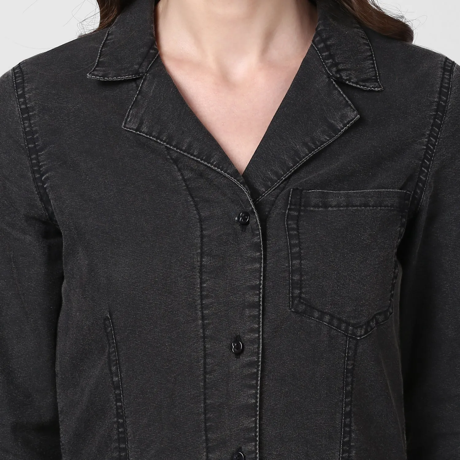 Women's Black Denim Lapel Style Shirt Dress - StyleStone